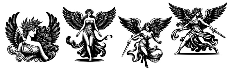 angel sketches in historical line art style black vector collection