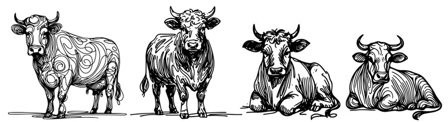 delightful hand-drawn depiction of a cow with intricate details and flowing lines black vector
