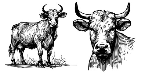 charming hand-drawn line art illustration of a cow grazing in a peaceful pasture black vector