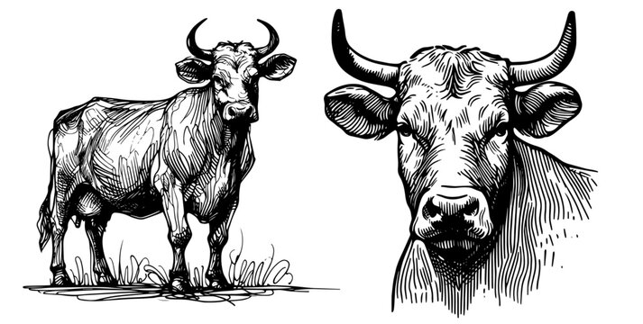 charming hand-drawn line art illustration of a cow grazing in a peaceful pasture black vector