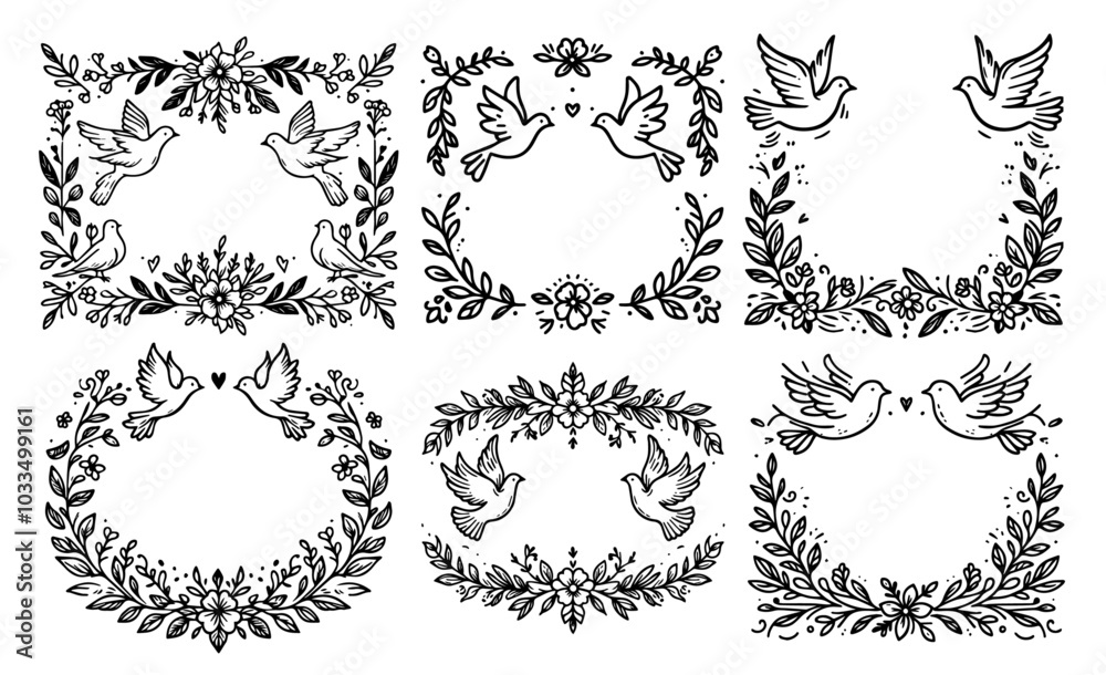 Wall mural romantic floral and dove wedding decorations in minimalistic doodle style