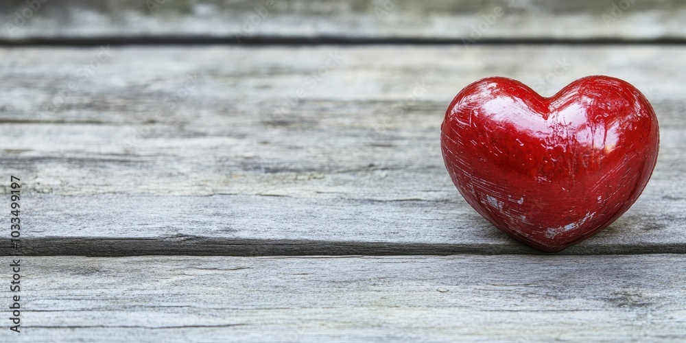 Aufkleber Valentine's Day features a red heart and a table toy on a wooden table, with copyspace for texture.