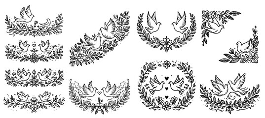simplistic floral wedding decorations with doves in playful doodle design