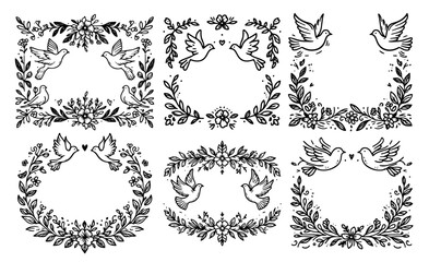 romantic floral and dove wedding decorations in minimalistic doodle style