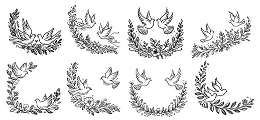 cute floral wedding motifs with doves in simple doodle style black vector
