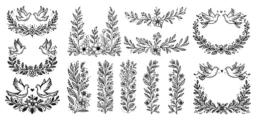 elegant wedding decorations featuring doves and floral elements doodle design