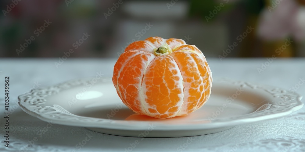 Poster clementine with its peeled core on a white plate on a table.