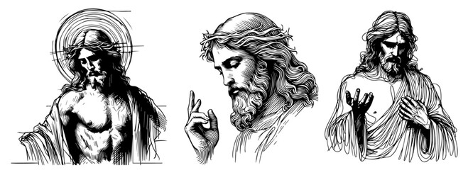 hand-drawn jesus christ portrait illustrations perfect for religious designs