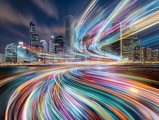 Fototapeta premium Dynamic cityscape at night showcasing information movement through vibrant light trails 