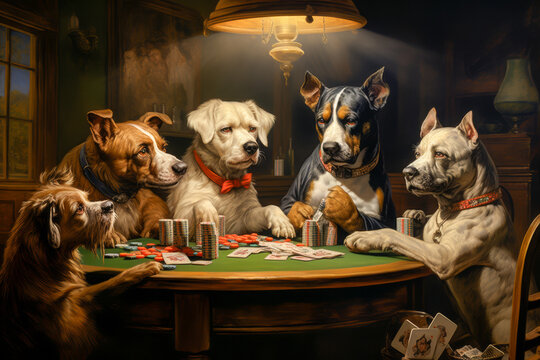 Humorous painting of dogs gathered around a poker table, each with expressive faces, in a cozy room lit by a hanging lamp