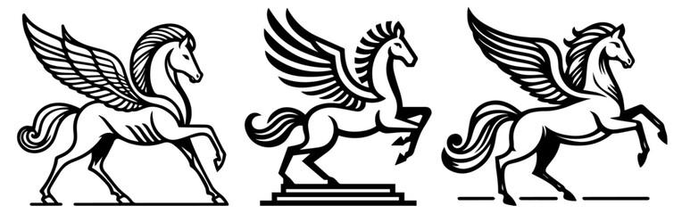 hand-drawn pegasus logo designs in black line art for fantasy and mystical themes