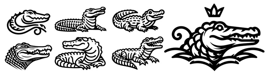 minimalist crocodile graphic set, showcasing sleek designs and clean lines for modern aesthetics black vector