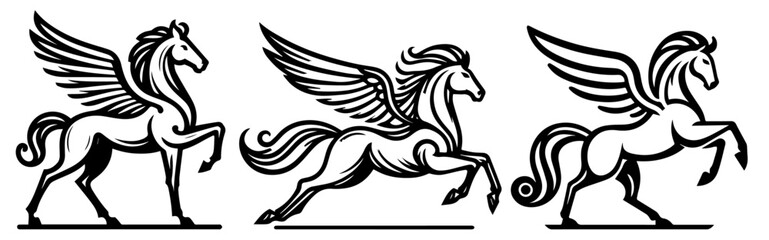 hand-drawn pegasus horse logos in black vector style for fantasy and branding use