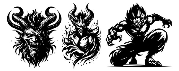 artistic line art collection of a devil displaying diverse emotional expressions and dynamic movements