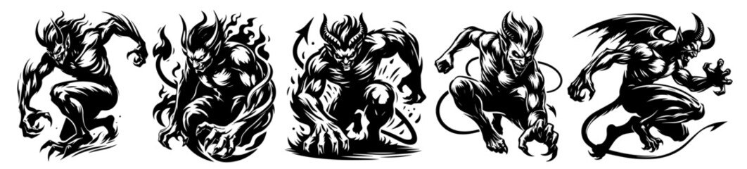 detailed line art series of a devil showcasing a variety of poses, emotions, and energetic movements