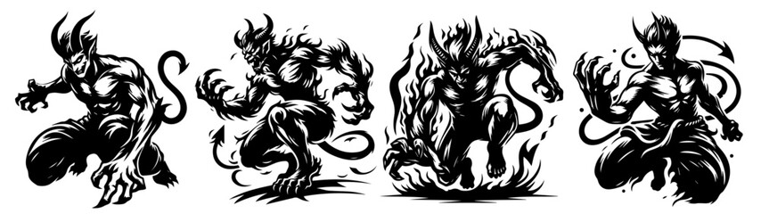 captivating line art representations of a devil in various dynamic poses and gestures in black vector