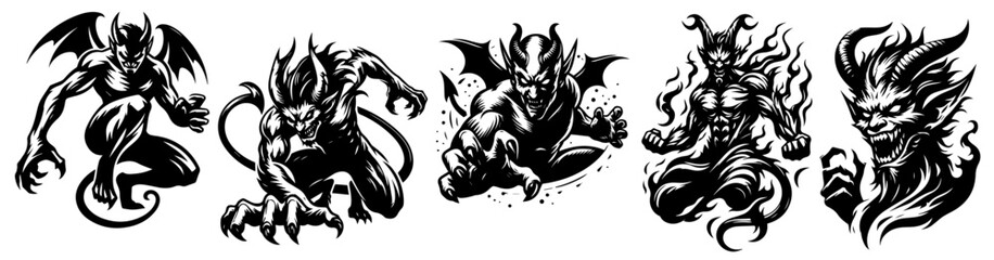 creative collection of devil line art illustrations featuring diverse poses and emotional expressions