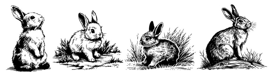 collection of rabbit sketches, silhouette line art – hand-drawn vector