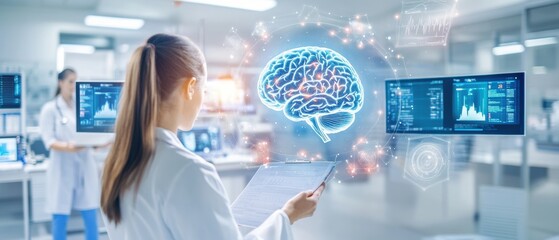 A scientist analyzes brain data using advanced technology in a modern laboratory setting, showcasing innovative research.