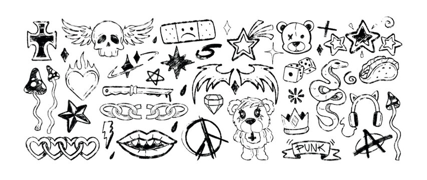 Charcoal graffiti doodle punk symbols. Hand drawn black crayon hard rock stickers with skeleton head, fly agaric, headphones, emo gothic heart and broken chains. Chalk pencil heavy metal music icons