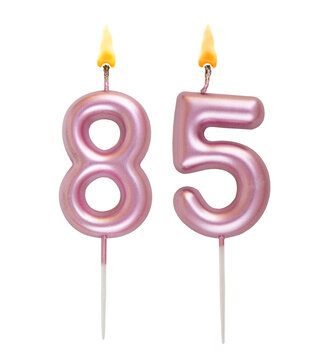Burning pink birthday candles isolated on white background, number 85