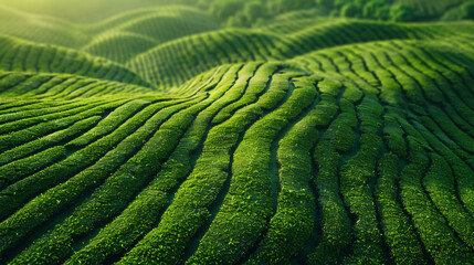 Aerial view of a tea plantation, with textures of lines and circles on the ground, from a top down perspective, on a green background, with sunlight, in a style of high definition photography, at a hi