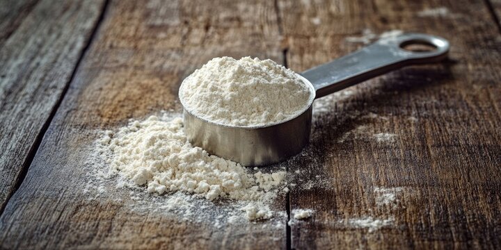 measuring metal scoops of whey protein powder on rustic grunge wood
