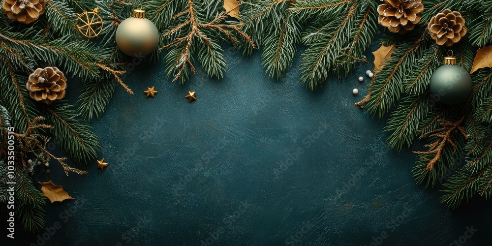 Aufkleber Christmas backdrop featuring a fir tree and ornaments. Top view with copyspace.