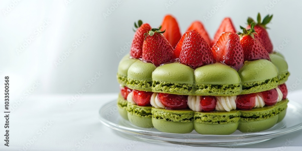 Poster a green macaron cake adorned with strawberry slices placed on a clear saucer set against a white bac