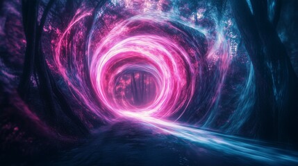 Abstract portal light swirling center dark forest mysterious energy dynamic motion. AI generated