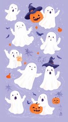 Playful cartoon ghosts celebrating Halloween with pumpkins and bats.