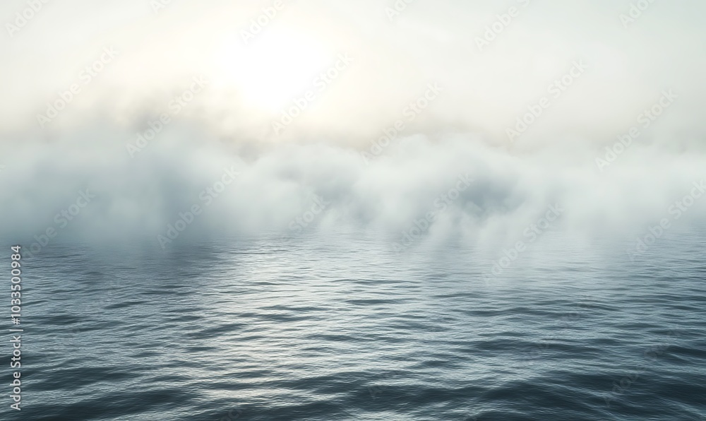 Poster A serene view of calm waters under a misty sky, with soft light illuminating the fog over the ocean.