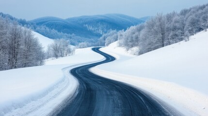snowy road winding through European hills 