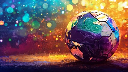 A colorful soccer ball sits on a field with a globe in the background. Concept of unity and global connection through the combination of the soccer ball and the globe - Powered by Adobe