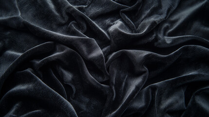 Fototapeta premium Black velvet texture draped in folds, showcasing a rich and deep black color with soft light reflecting on the velvet texture, providing a photorealistic reference for design or fashion projects