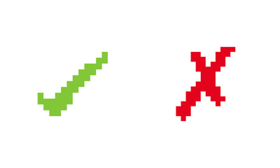 Check Mark Icon. Green Check and Red Cross Icon in Pixel Art Style. Check Box Icon with Right and Wrong Buttons. Isolated Vector Illustration
