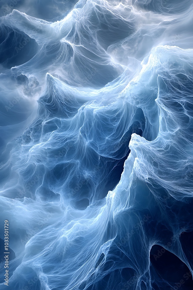 Poster an abstract representation of turbulent blue waves, capturing the fluidity and intricate textures of