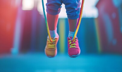 Child jumping rope with colorful shoes.
