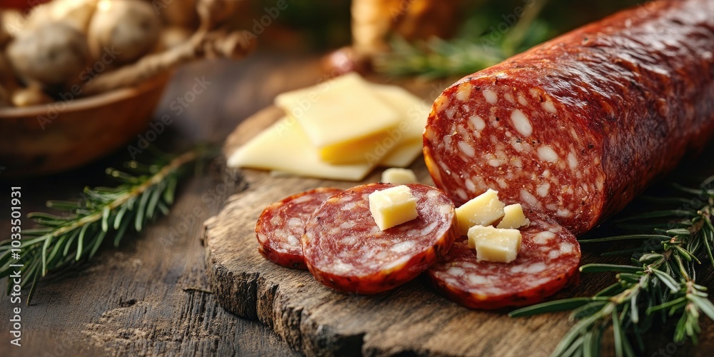 Poster sausage sliced on a wooden board with cheese pieces embedded inside, selective focus and copyspace.