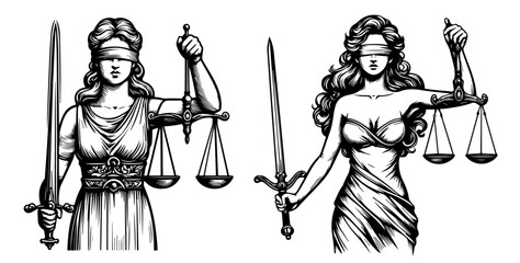 lady justice themed illustrations set with sword and scales black vector