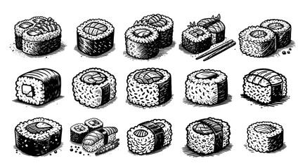 sushi icons in line art style, black vector set of illustrations