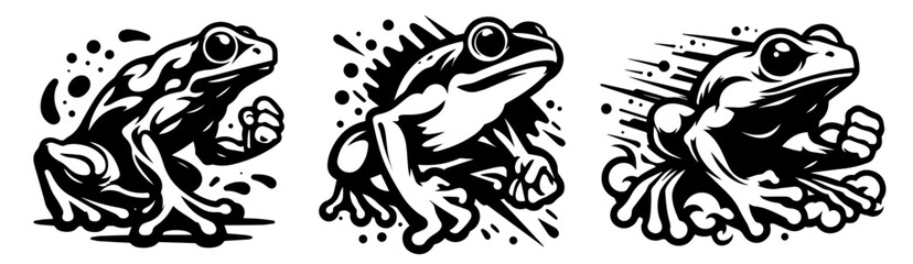 playful frog in various animated poses, cartoon portrait logo design