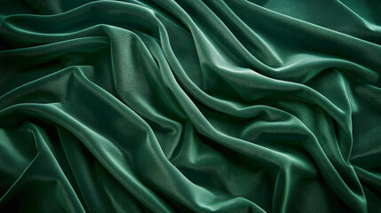 Fototapeta premium Green velvet texture draped in folds, showcasing a rich emerald color with soft light reflecting on the velvet texture, providing a photorealistic reference for design or fashion projects