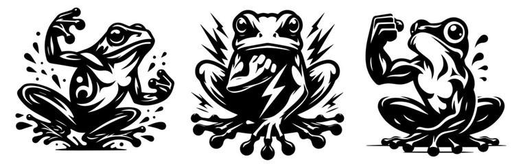 cartoon style frog logo featuring a variety of dynamic poses in black vector