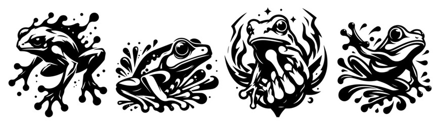 expressive frog portrait in cartoon logo design with various body positions