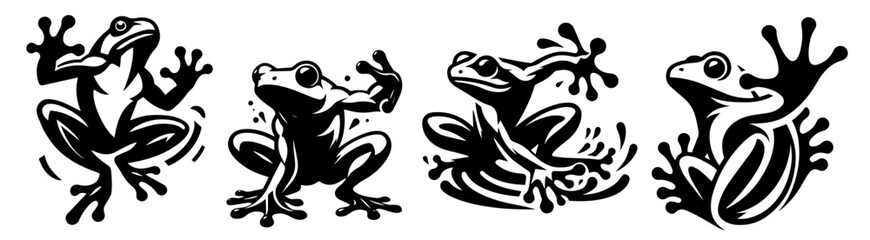 cartoon frog logo in black vector, featuring different poses and expressions