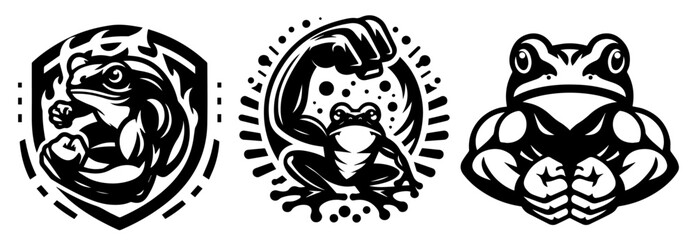 black vector frog portrait logo showcasing fun, energetic poses in cartoon style