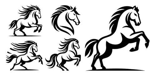 elegant horse in various poses, black shape vector logo style