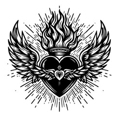 religious sacred heart with wings and fire rays black vector artwork