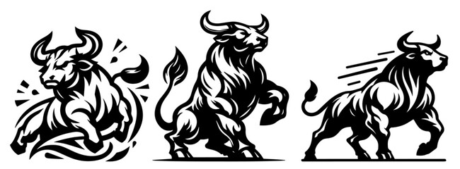 powerful bull logos in multiple dynamic poses vector